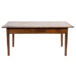 A 19th Century oak and elm farmhouse kitchen table:, with a rectangular overhanging top,