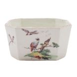 A Derby butter tub: of octagonal form, painted with fancy birds in rustic landscapes,