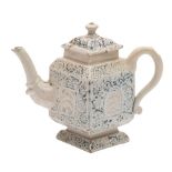 A Staffordshire scratch-blue saltglaze teapot and cover: of diamond shape,