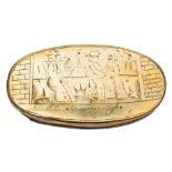 A Dutch brass oval tobacco box: engraved to each side with an embracing couple and inscriptions