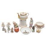 A mixed lot of Continental porcelain: including a gilt decorated veilleuse;