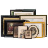 A mixed collection of decorative pictures and prints including a miniature of a man holding a