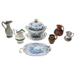 A collection of 19th century pottery: including a 'marbled' ewer with pewter mounts,