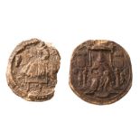 An Elizabeth I (1558-1603) wax seal and a similar James I (1603-1625) seal:, 15cm.