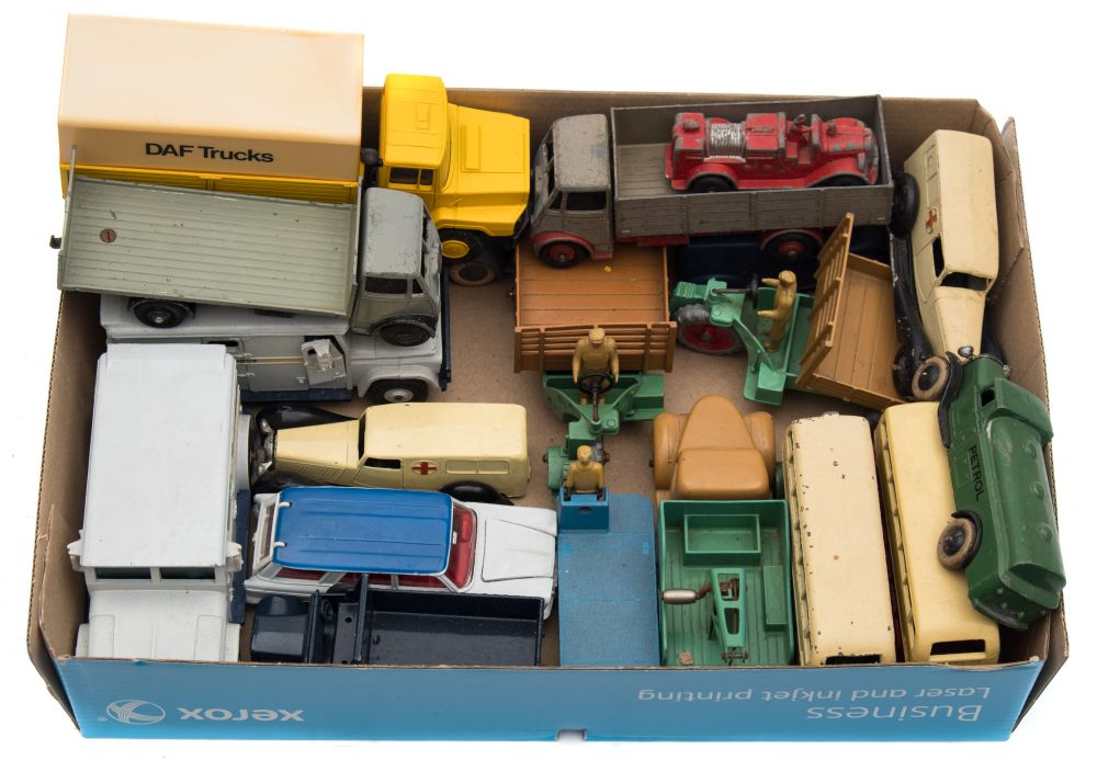 A collection of various Dinky and other vehicles:, including an ambulance, petrol tanker,