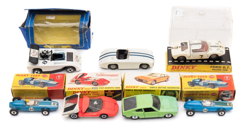 Six Dinky Sports cars and Racing cars:, two Cooper Racing Cars (240), Fiat Arbath 2000 (202),