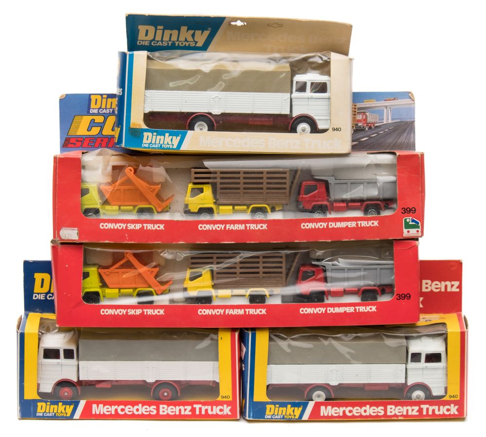 Three Dinky Mercedes Benz Trucks (940) together with two Dinky Convoy Series sets (399):.