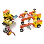 A Dinky Construction vehicles group:, two Road Graders, Shovel Dozer, Blaw Knox Bulldozer,