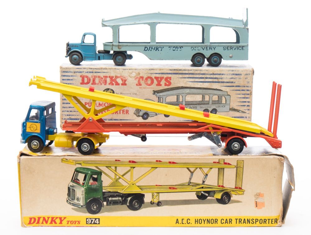 Dinky AEC Hoynor Car Transporter (974):, blue cab with yellow chassis, orange and yellow trailer,