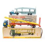 Dinky AEC Hoynor Car Transporter (974):, blue cab with yellow chassis, orange and yellow trailer,