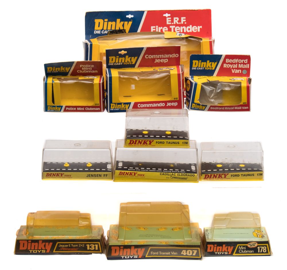 A collection of empty Dinky boxes:, plastic case, blister pack and window versions Jensen FF (188),