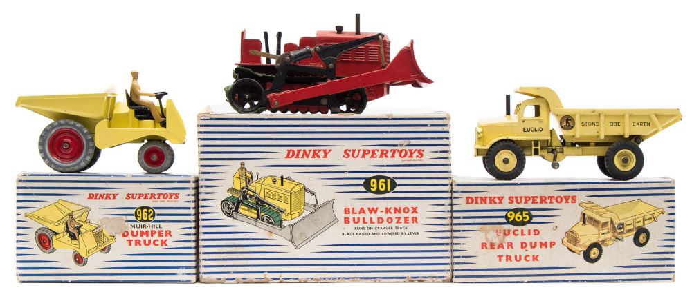 Dinky Blaw Knox Bulldozer (961):, Muir Hill Dumper Truck (962) and Euclid Rear Dump Truck (965),