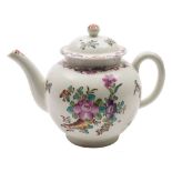 A Lowestoft teapot and cover: painted in 'Curtis' style with cornucopiae of floral sprays and