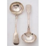 A pair of William IV provincial silver Fiddle pattern sauce ladles, maker William Hope, Exeter,