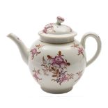 A First Period Worcester teapot and cover: of globular form with flower finial painted in puce,