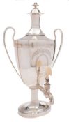 An Elkington silver plated samovar in the Adam style: the waisted cover with urn-shaped finial,