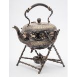 A silver plated spirit kettle, stand and burner, maker Mappin Brothers: crested,