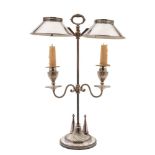 A silver plated twin-branch student's lamp: the central square column with twin domed adjustable