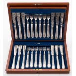 A set of twelve Edwardian silver plated fish knives and forks: initialled,