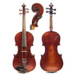 A late 19th century student violin: the two piece back of medium flame and curl,