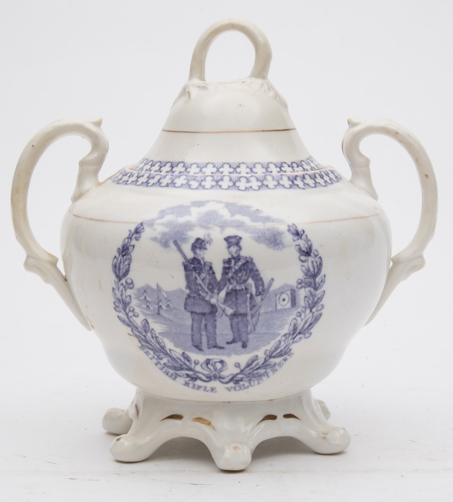 A Staffordshire commemorative porcelain sugar box and cover: of squat globular form with two