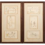 A framed group of six humorous sporting cartoons:, in two frames depicting gentlemen golfing,