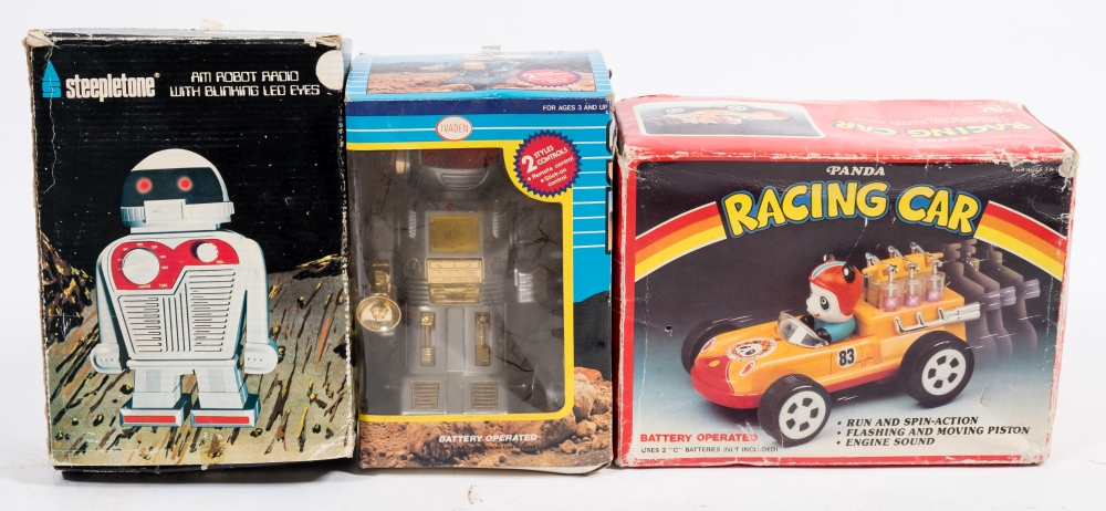 An FET battery operated Panda Racing Car: a battery operated robot, and an AM Robot Radio,