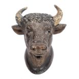 A late 19th/early 20th century cold painted spelter Bull's head vesta:, 8cm high.