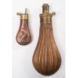 A 19th century copper and brass pistol powder flask:, unsigned,