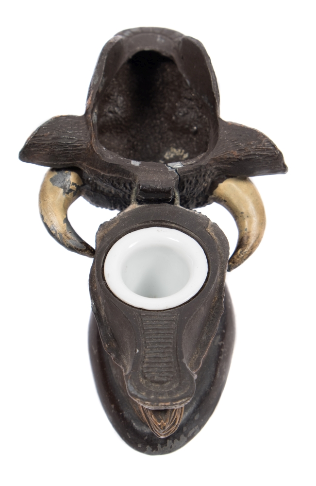 A late 19th/early 20th century cold painted spelter Bull's head vesta:, 8cm high. - Image 2 of 2