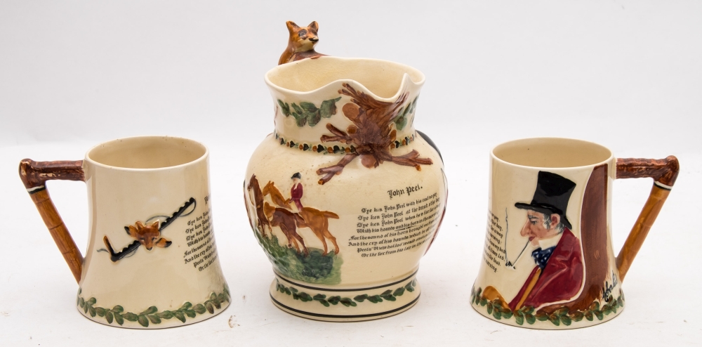 A Crown Devon Fieldings John Peel Hunting jug and two matching mugs:,