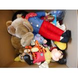 A collection of soft toys: including a golly, Disney characters, bears etc.