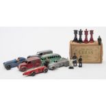 Three early Dinky racing cars together with an ambulance, a bus and a van:,