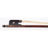 A silver mounted violin bow by Charles Bazin: with round stick and mother-of-pearl inlaid frog,