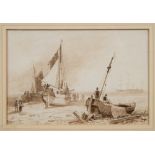 Circle of Samuel Owen [1768-1857]- Beached fishing craft and figures,