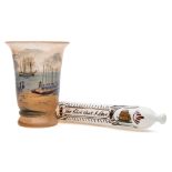 A 19th century maritime themed opaque glass rolling pin 'To the girl I love', 38cm long,