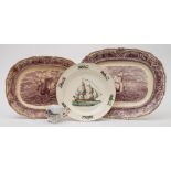 A late 19th century creamware plate with transfer decoration of a ship of the line:,