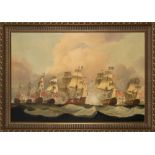 After Whitcombe- A naval battle,:- a large reproduction painting 110 x 150cm.