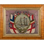 A good 19th century sailor's woolwork of a Royal Navy frigate running rigged and dressed in flags:,