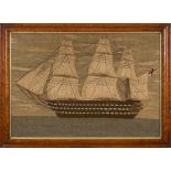A 19th century woolwork of a ship of the line, titled to verso 'HMS Agamemnon' :,