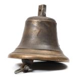 A bronze ship's bell:, unsigned, with iron clapper, 24cm high.