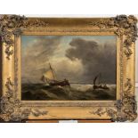 Circle of George Morland [19th Century]- Coastal craft in choppy seas,:- oil on canvas 35.5 x 52cm.