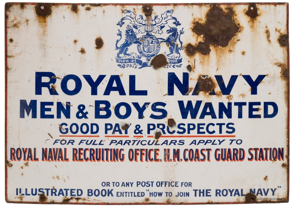 A Royal Navy enamel recruitment sign, formerly positioned at Daddyhole Plain Station, Torquay:,