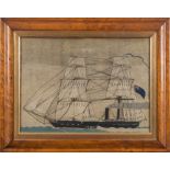 A 19th century sailor's woolwork of a side paddle steam sailing ship:,