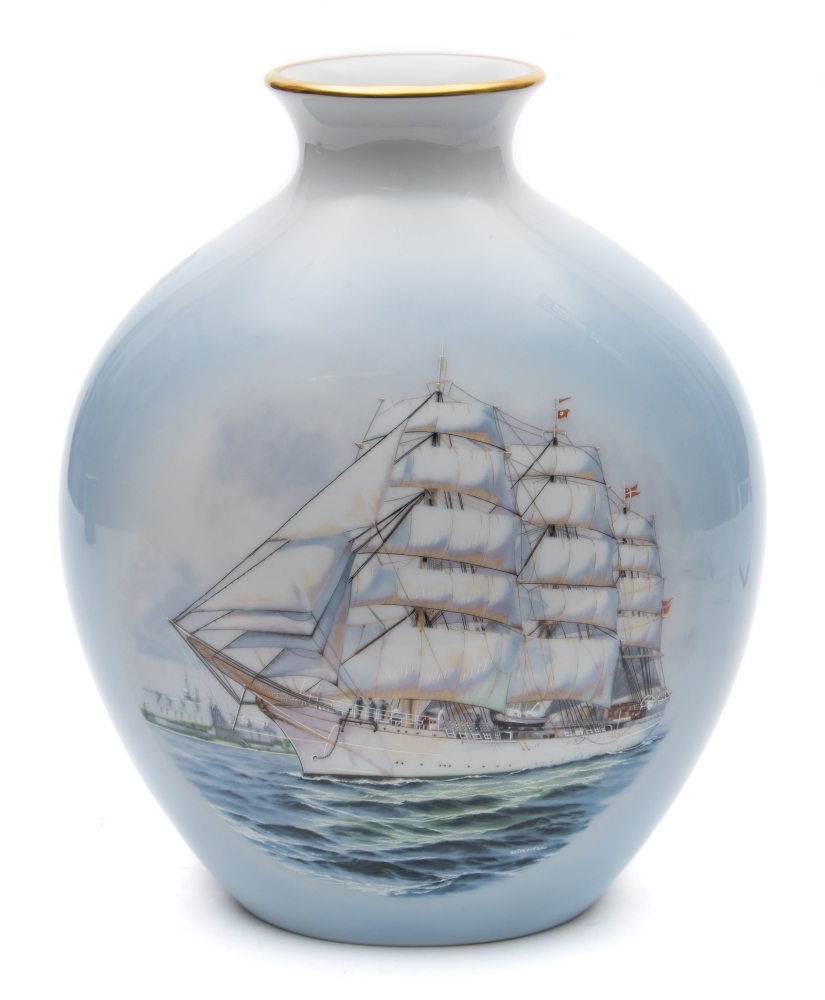 A B&G Copenhagen porcelain vase with transfer decoration of the Danish training ship 'Danmark':,