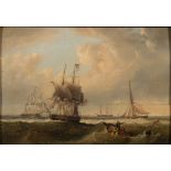 Circle of Thomas Whitcombe [1752-1824]- Coastal craft in choppy seas,:- oil on panel 23 x 33cm.