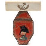 A Georgian 19ct gold inlaid ivory toothpick holder with anchor decoration and a toleware snuff box:,