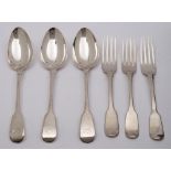 Three George IV silver fiddle pattern table forks, maker William Chawner, London, 1823: crested,