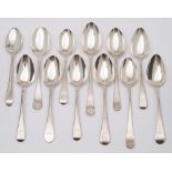 Twelve Georgian silver Old English pattern dessert spoons, marks worn,