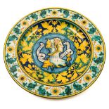 A Cantagalli majolica charger: painted in the 16th century Deruta manner with a head and shoulders